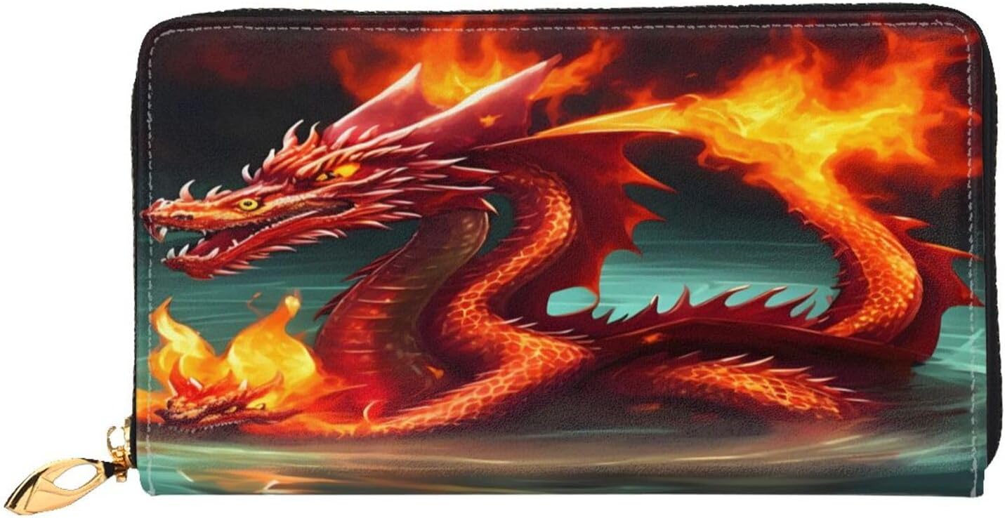 Dragon King in Fire Long Zip Around Wallet for Women, Large Capacity RFID Leather Wristlet Wallet with 12 Card Slots Coin Purse, Fashion Clutch Purse with Wrist Strap