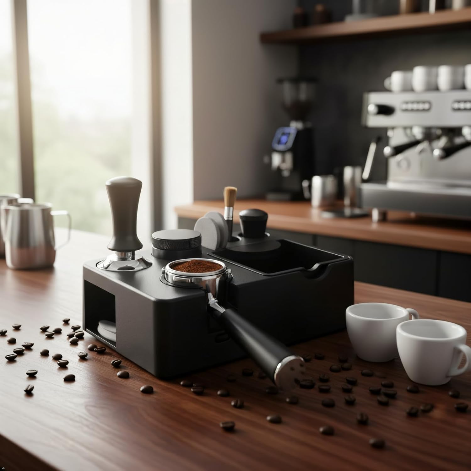 Espresso Tamping Station Organizer, Espresso Accessories Organizer for 51mm 54mm 58mm Portafilter & Tamper, Espresso Tool Organizer Station (ABS, Black)