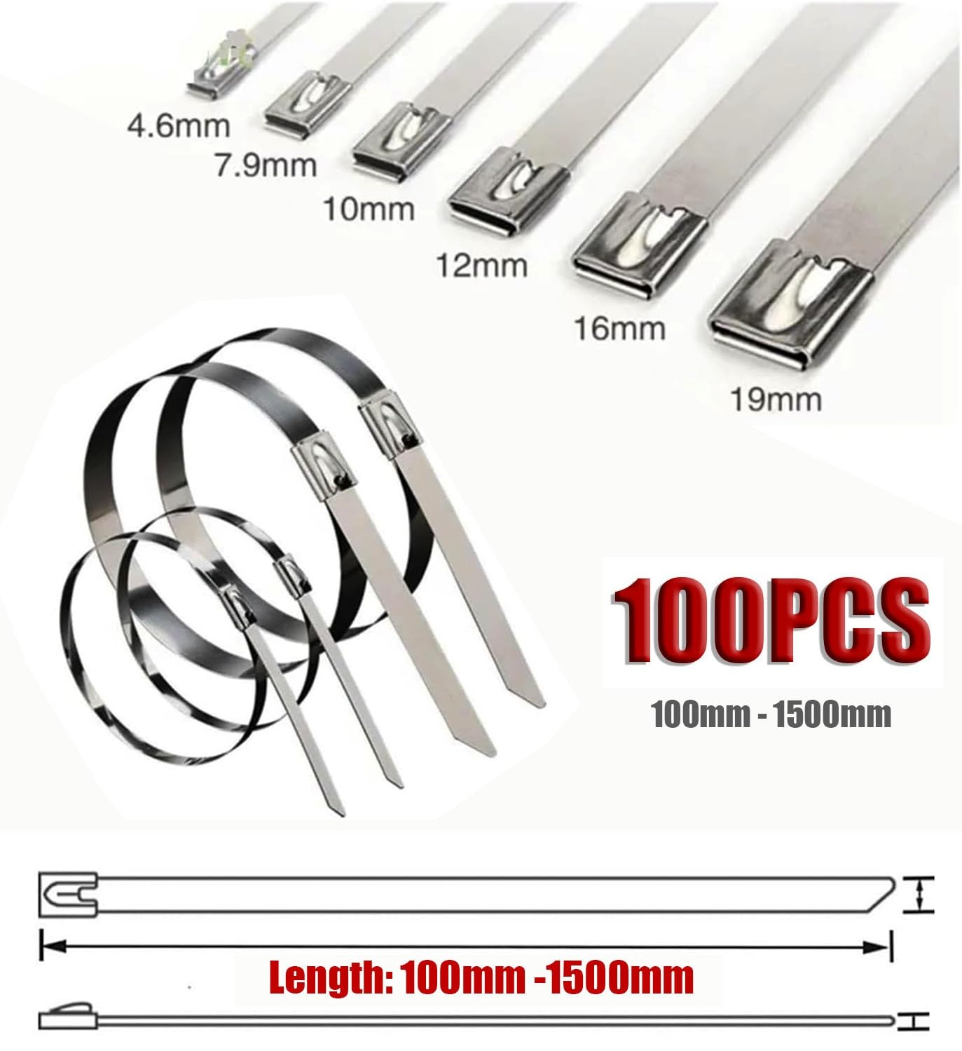 100 Szt. Metalowych Opasek Zaciskowych, Szerokość 4,6-19 mm, Długość 100-1500 mm, Opaski Zaciskowe Ze Stali Nierdzewnej 304, Wytrzymałe, Do Wiązania, Ogrodnictwa, Na Zewnątrz(7.9x700mm)