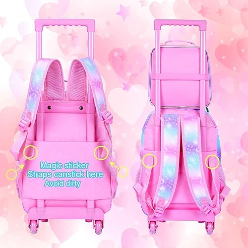 Miniatura 7 de CCJPX Mochila escolar con ruedas de unicornio de 3 piezas para niñas, juego de mochila escolar con ruedas enrollables de 18 pulgadas, bolsa escolar