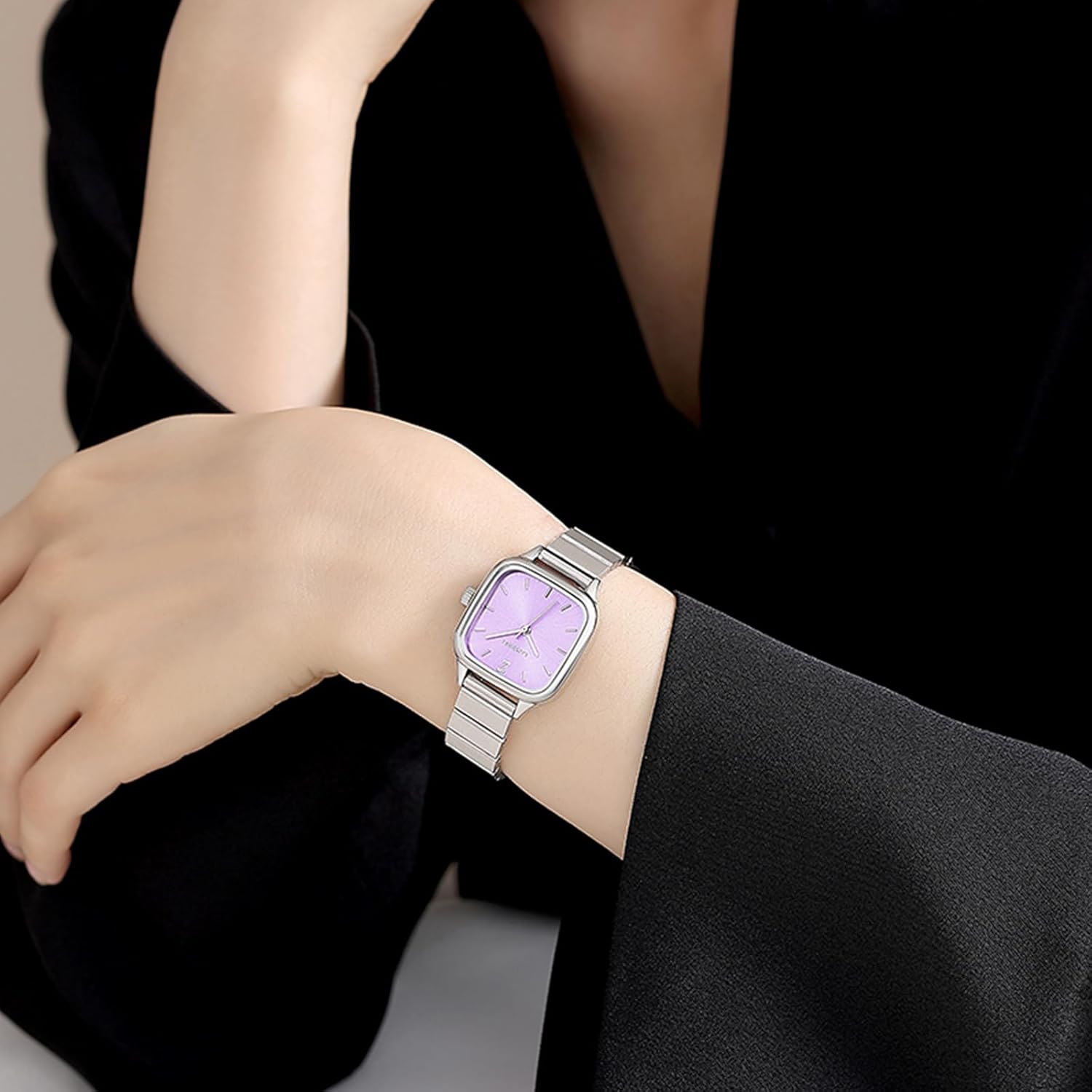 LANZOOM Women’s Square Watch – Purple Dial with Silver Stainless Steel Strap, Minimalist Luxury Design, 3ATM Waterproof, Elegant Silver Dress Watch for Women - Image 4