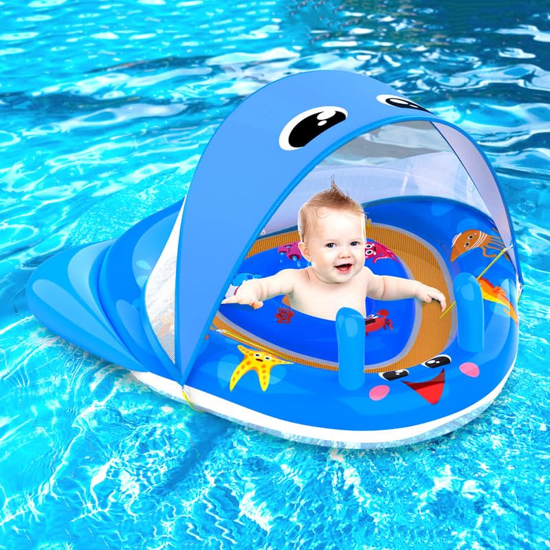 Flotador Bebe, Flotador Bebe con Sombrilla UPF50+ con Asiento de Seguridad Ajustable, Flotadores para Bebes Flotador Bebe 1 año Flotador de Piscina para Niños Pequeños para 6-24 Meses