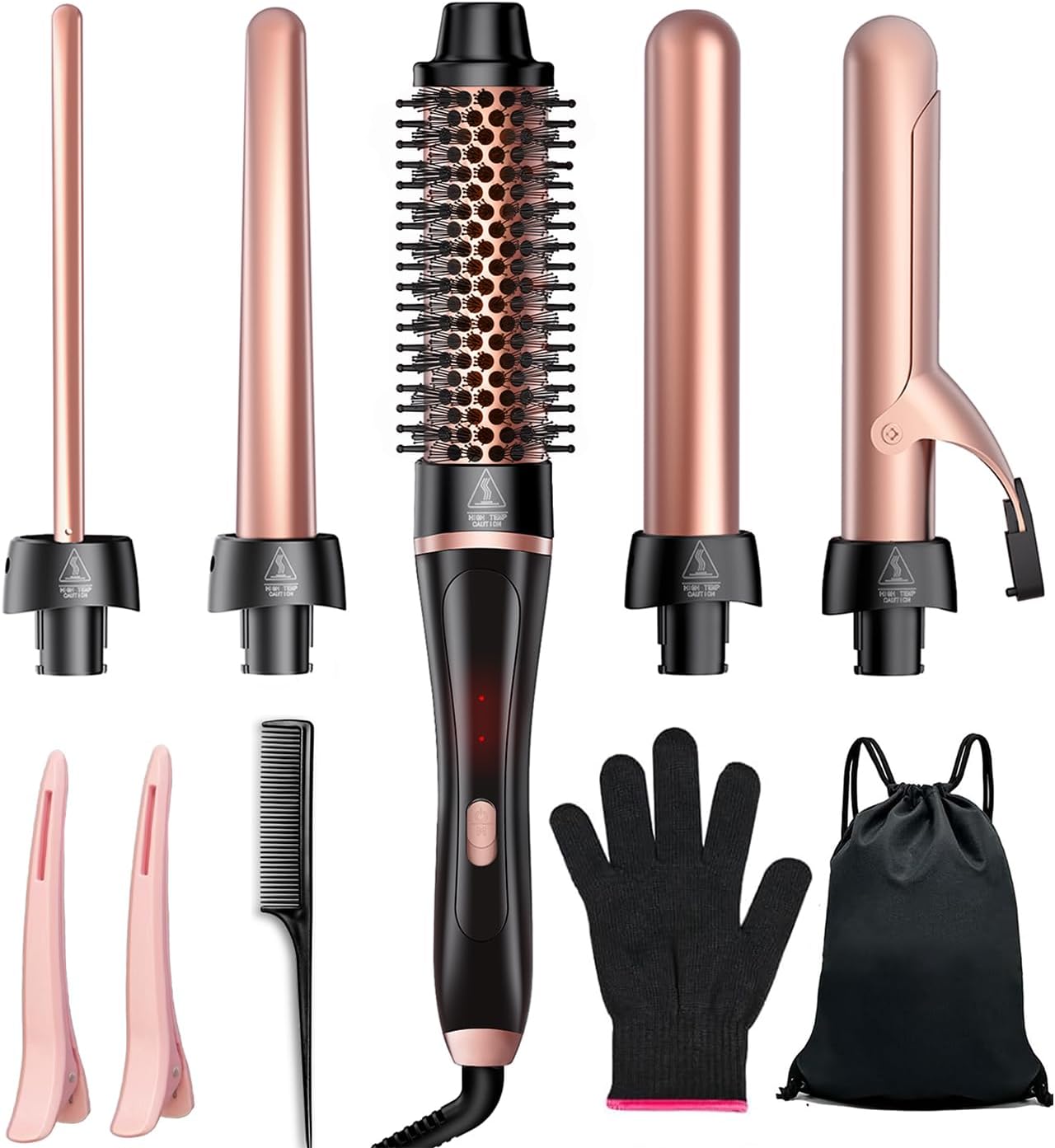 5 in 1 Curling Iron, Hair Curling Wand Set Thermal Brush 4 Interchangeable Ceramic Curling Wands (0.5′-1.8′) Fast Heat Up Dual Voltage Christmas Birthday Hair Tool Gifts for Women Travel