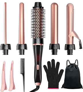 Thermischer Bürste Set 5 in 1, Lockenstäbe Lockenbürste Set mit 4 austauschbaren Keramik Lockenstab 10-32mm für alle Haartypen und Reisen, Temperatureinstellung, Dual-Spannung, Handschuh - Amazon product rated Grade A