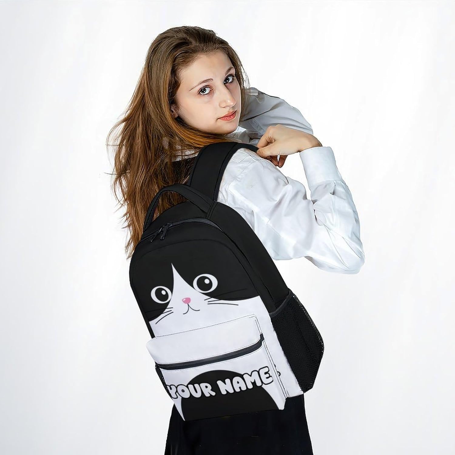 UNIKITTY Personalized Kids Backpack for Girls Boys, Cat Backpack for School, 17 Inch School Backpack for Kids, Black Cute Kids Bookbag with Adjustable Straps