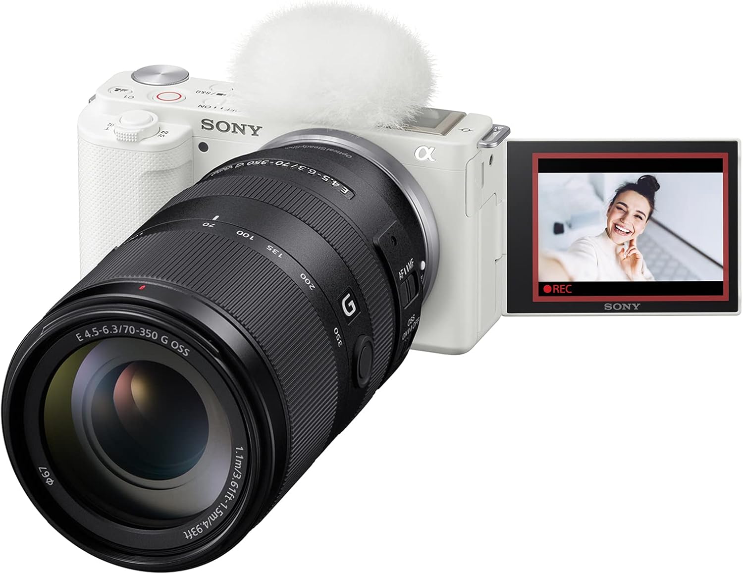 Sony ZV-E10 Mirrorless Alpha APS-C Vlog Camera Body and 70-350mm F4.5-6.3 G OSS Super-Telephoto Lens SEL70350G ILCZV-E10/W White Bundle with Deco Gear Case, Extra Battery, Photo Video Accessories Kit