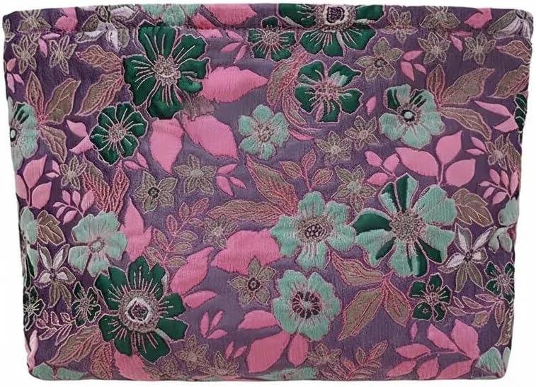 Makeup Bags Zipper Cosmetic Pouch Large Embroidary Toiletry Organizer for Women (Purple Flower)