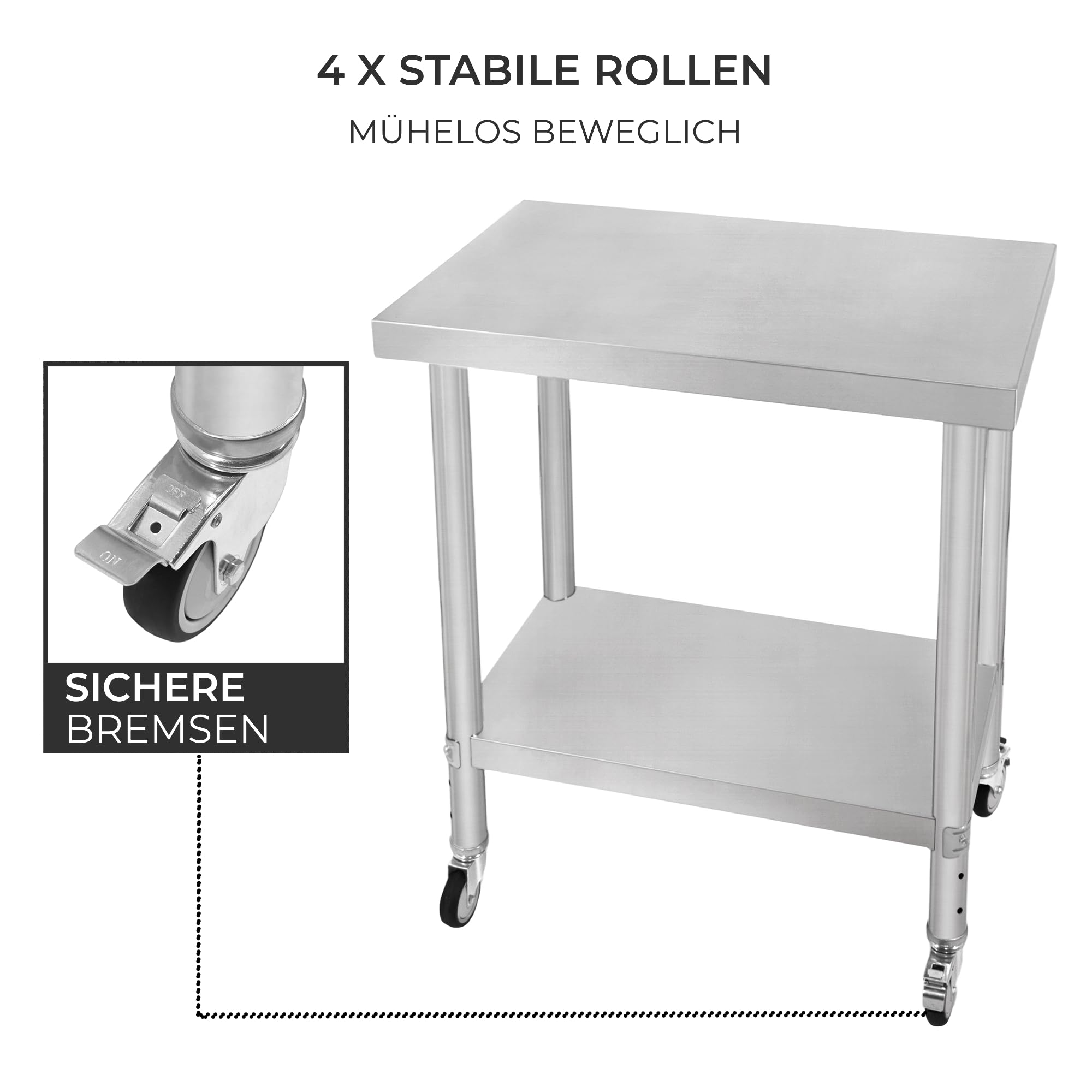 Gastro Edelstahl Arbeitstisch Vorbereitungstisch Küchentisch Zerlegetisch Flexibel Mobil 4 Rollen 2 Bremsen 4 anpassbaren Füßen Verstellbares unteres Regal 3 Positionen 160kg Kapazität 76 x 45 x 86cm