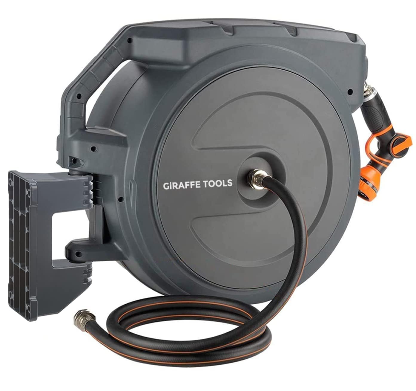 Giraffe Tools Hose Reel 5/8 inch x 90 ftMetal Bracket Heavy Duty, Any Length Lock, Slow Return Retractable System