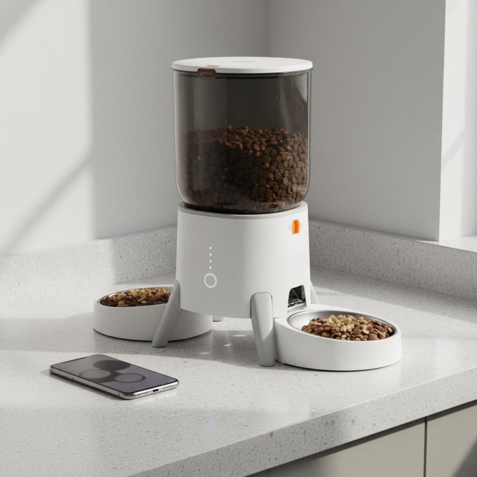 Milageto Distributore Automatico Cibo Gatto Alimentatore Timer Controllo con App Porzioni Programmabili Anti Blocco Canale Ampio, Moderno, Con Controllo APP Intelligente E Ciotola Standard