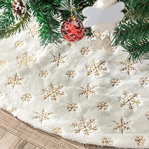 DegGod Plush Christmas Tree Skirts, 57 inches Luxury Snowy White Faux Fur Xmas Tree Base Cover Mat with Gold Snowflakes for Xmas New Year Home Party Decorations (57 inches, Gold)