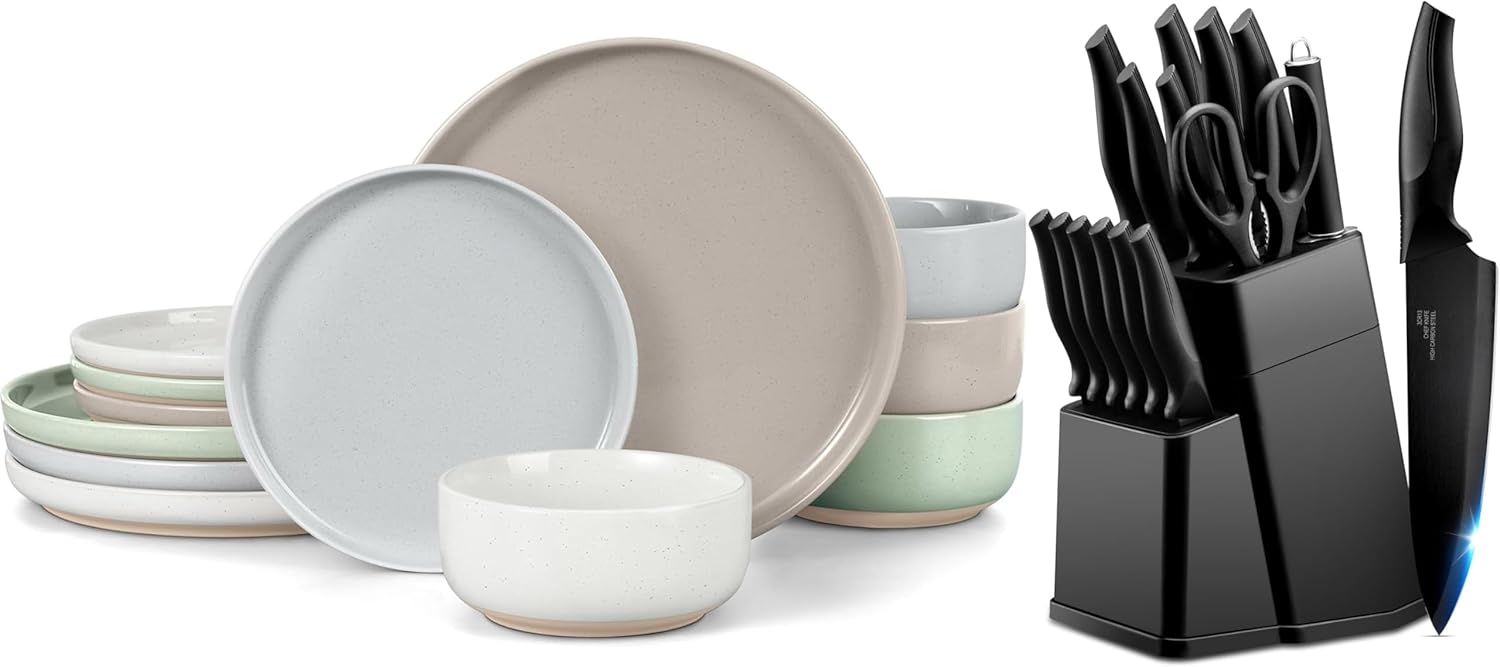 LIANYU 12 Piece Ceramic Dinnerware Set and Knife Set with Block and Sharpener, Stoneware Dinner Dish Set for 4 and 15 Pieces Kitchen Knife Block Set