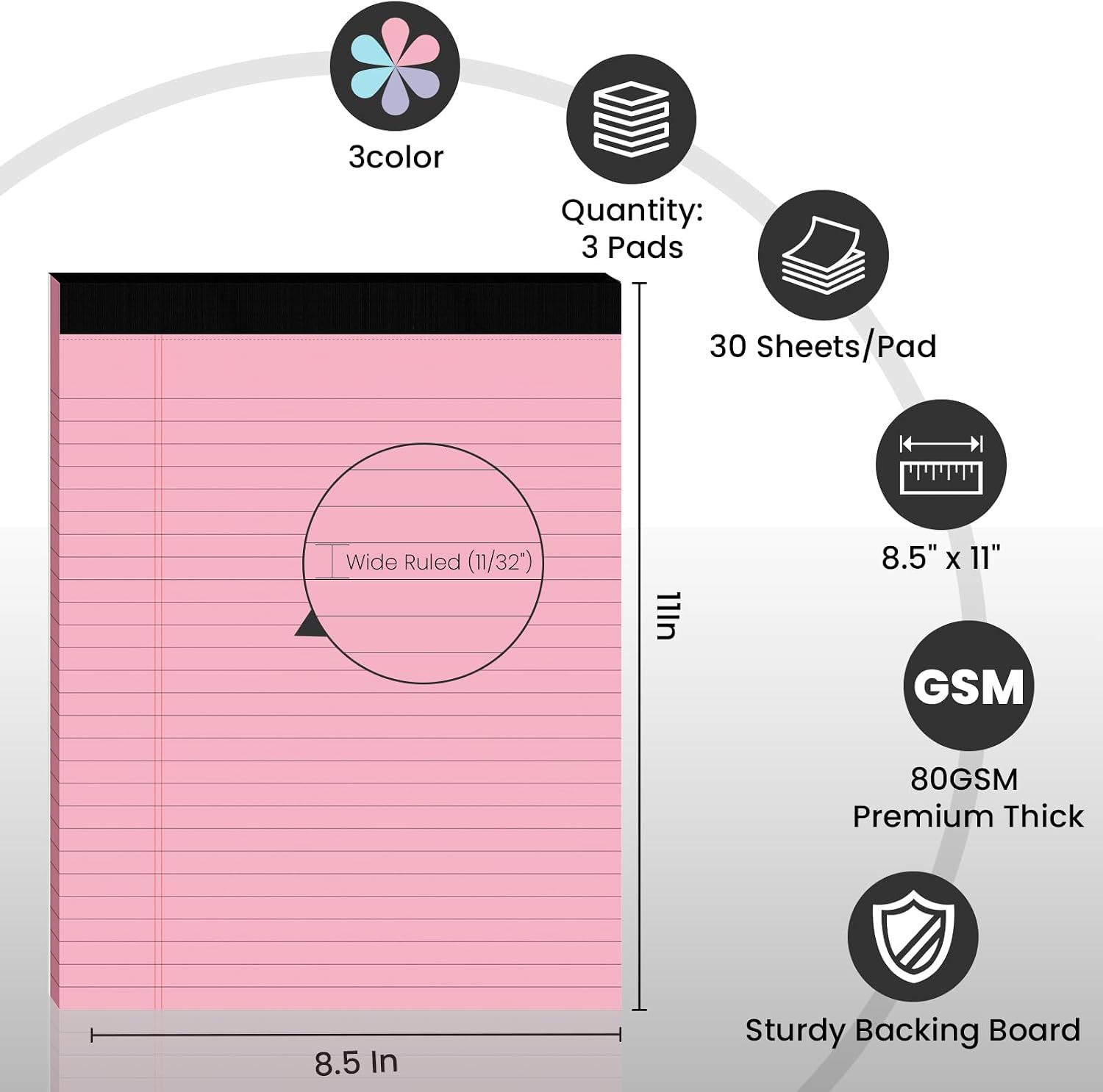3pcs Legal Pads 8.5 x 11, Color Notepads, Perforated Wide Ruled | 30 Sheets/Pack, Colored Note Pad 8.5x11 In, Clear Print Writing Pads of Paper with Sturdy Back for Office & School Supplies thumbnail