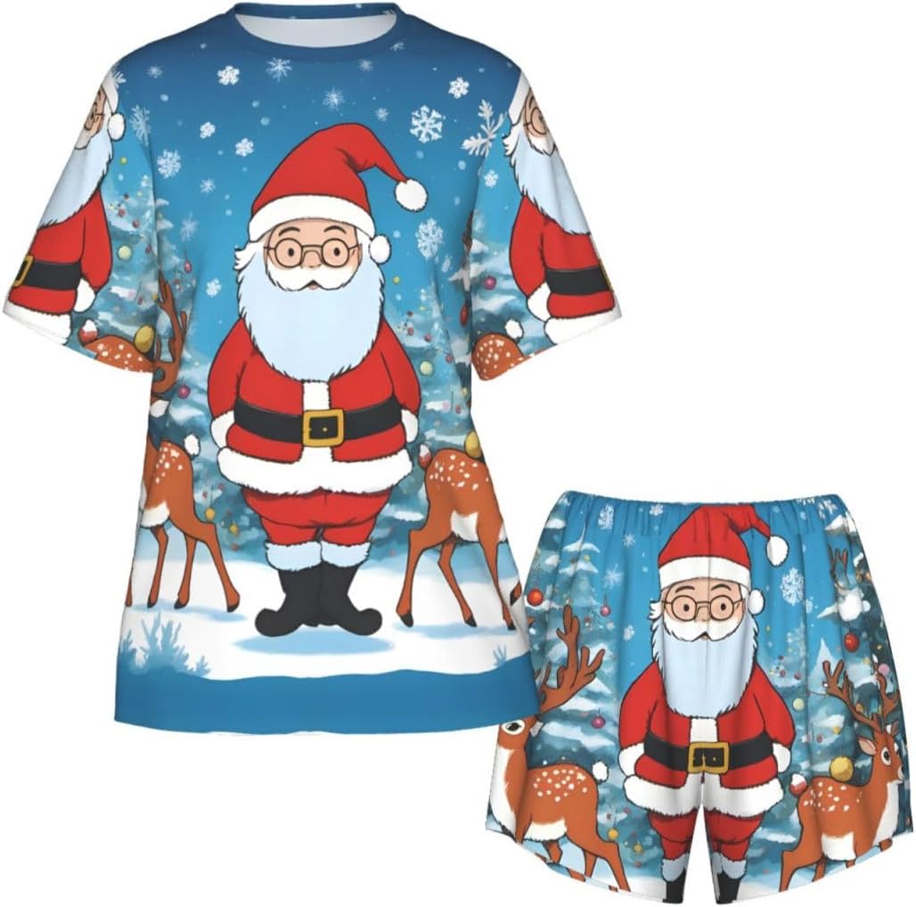 Cute Christmas deer Women's All Over Print Short Sleeve Pajama Set Soft Stretchy Loungewear With Side Pockets