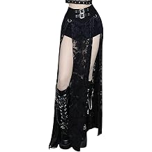 win2win Women Goth Split Lace Sheer Mesh Long Maxi Skirt - Punk Floral See Through Grunge Style Dance Club