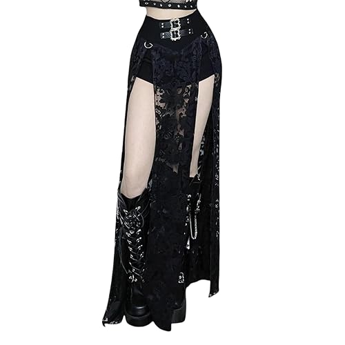 win2win Women Goth Split Lace Sheer Mesh Long Maxi Skirt - Punk Floral See Through Grunge Style Dance Club - Large