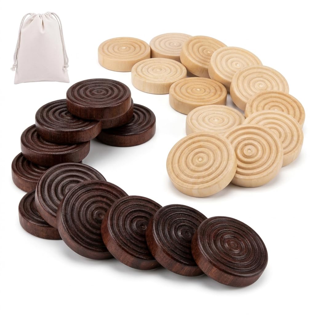 24 Pcs Draughts Board Game,Draughts Pieces,Backgammon Pieces,Wooden Checkers Pieces,Stackable Draughts Set with Cloth Drawstring Bag,Backgammon Chess Replacement for Boardgames Learning Travel Camping
