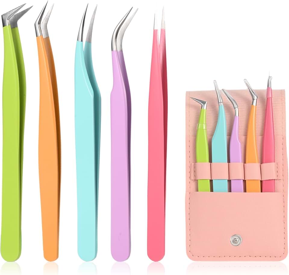 5 pinças de extensão de cílios de alta precisão, pinças de cílios de volume reto e curvado para extensões, pinças de cílios para extensões de cílios, artesanato, meninas mulheres iniciantes, rosa