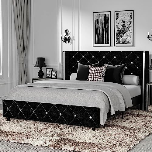 4 Ever Winner Queen Size Bed Frame With Headboard, Black Velvet Bed Frame Queen With Diamond Headboard And Wingback, Solid Wood Slats Support/Easy Assembly/No Box Spring Needed, Queen Size Bed Frames #TOP6