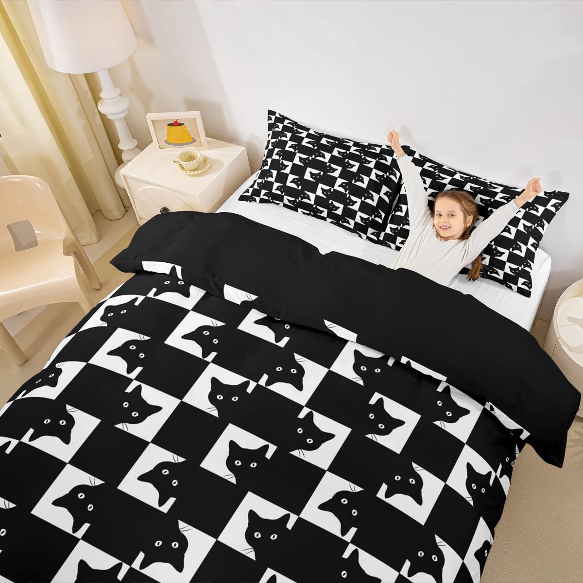 Feelyou Black Cats Duvet Cover King Size Checkered Bedding Set for Boys Girls Cat Lovers Comforter Cover Animal Bedroom Decor 3Pcs