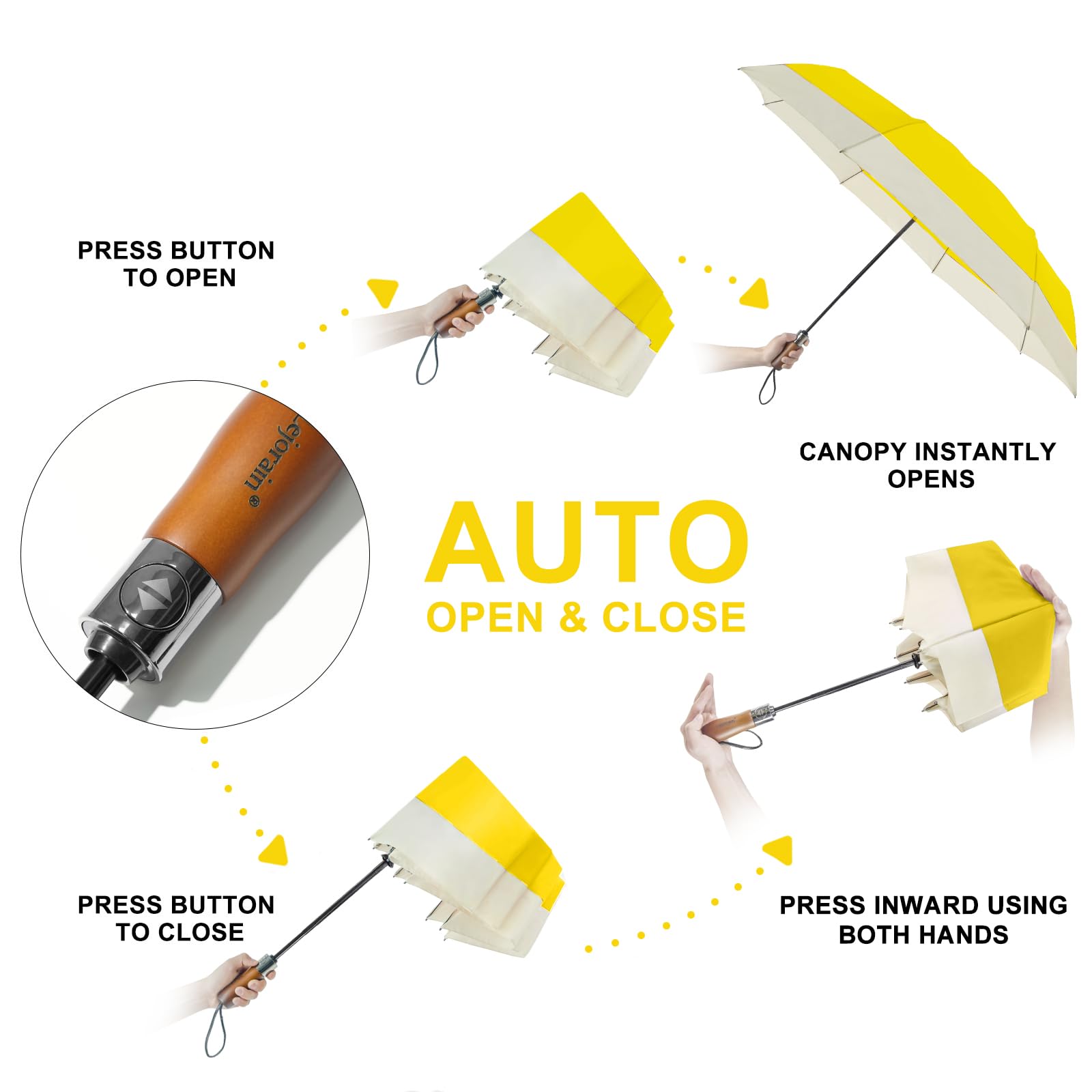 Lejorain Grand parapluie de golf coupe-vent – Parapluie de voyage pliable jaune arc de 137,2 cm compact solide ouverture et fermeture automatique parapluie pour vent et pluie