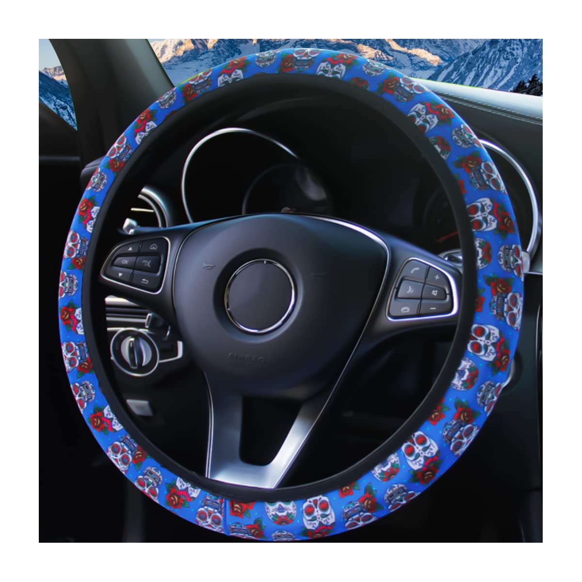 Sunflowers Cow Print Car Steering Wheel Cover, 15 Inches Breathable Soft Fabric Steering Wheel Non Slip Decoration Protector for Women Girls Men, Universal Suitable for Most Cars