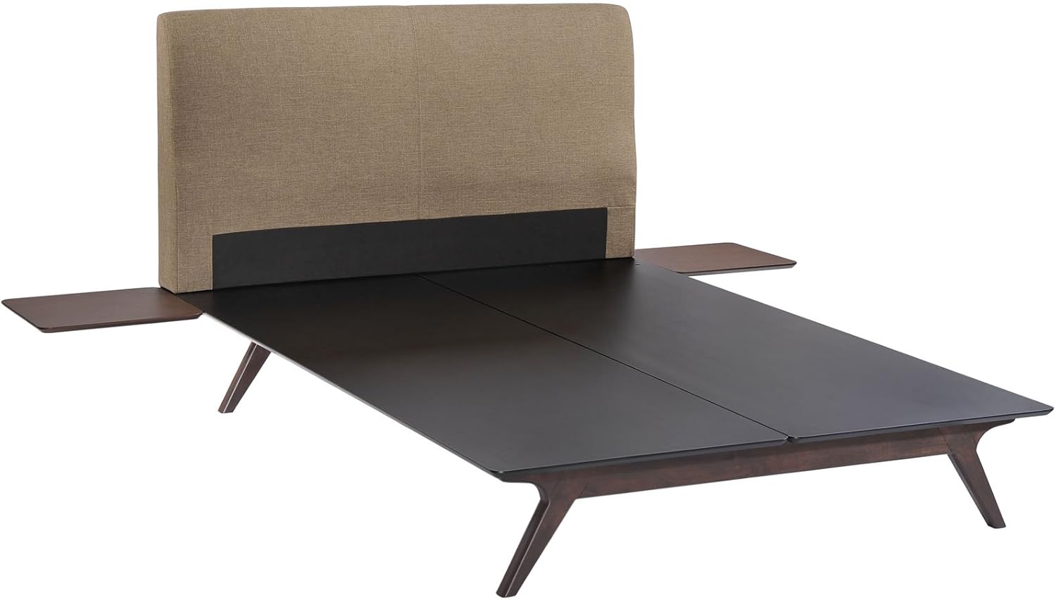 Modway Tracy Mid-Century Modern Wood Platform Queen Bed with Two Nightstands in Cappuccino Latte