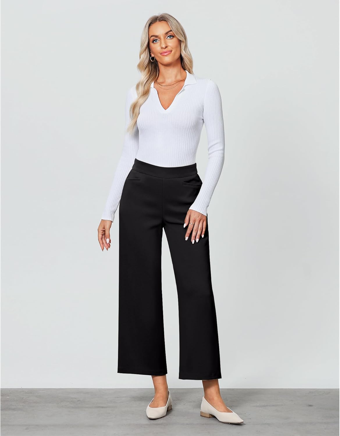 GRAPENT Cropped Pants for Women Trendy Business Casual High Waisted Pull On Wide Leg Stretchy Dress Pants with Pockets - Image 3