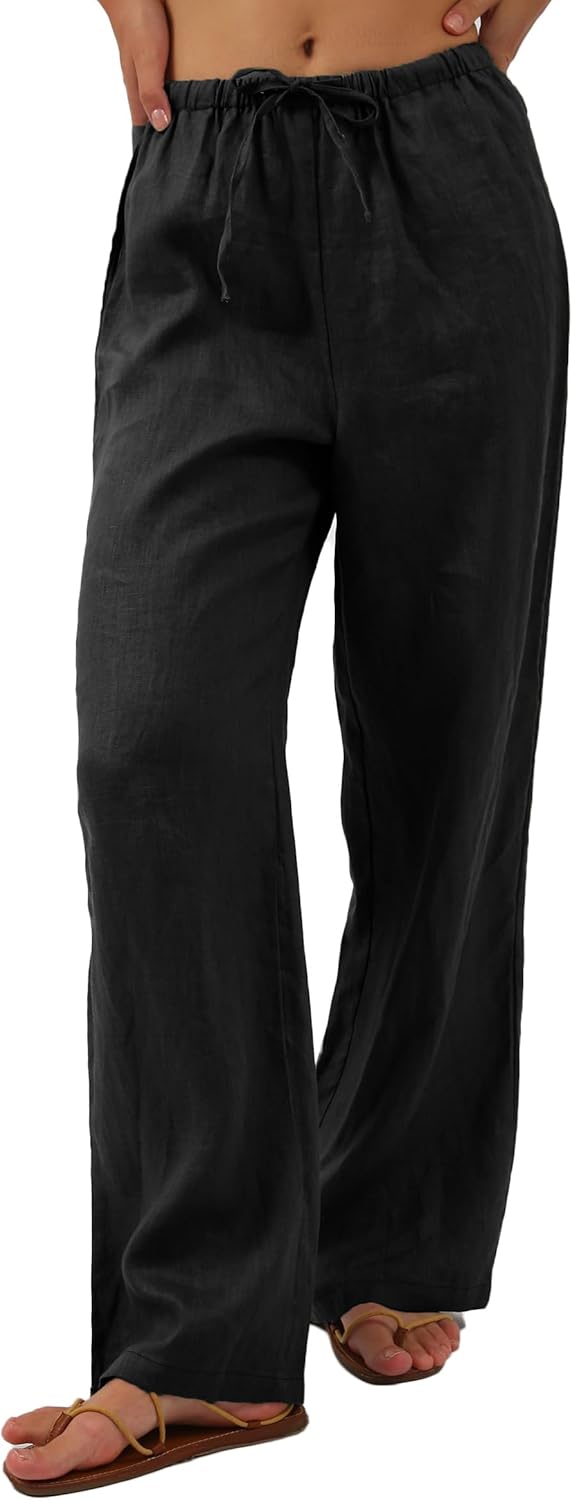 Amazhiyu Womens Pure Linen Summer Drawstring Flowy Wide Leg Pants with Pockets - Image 3
