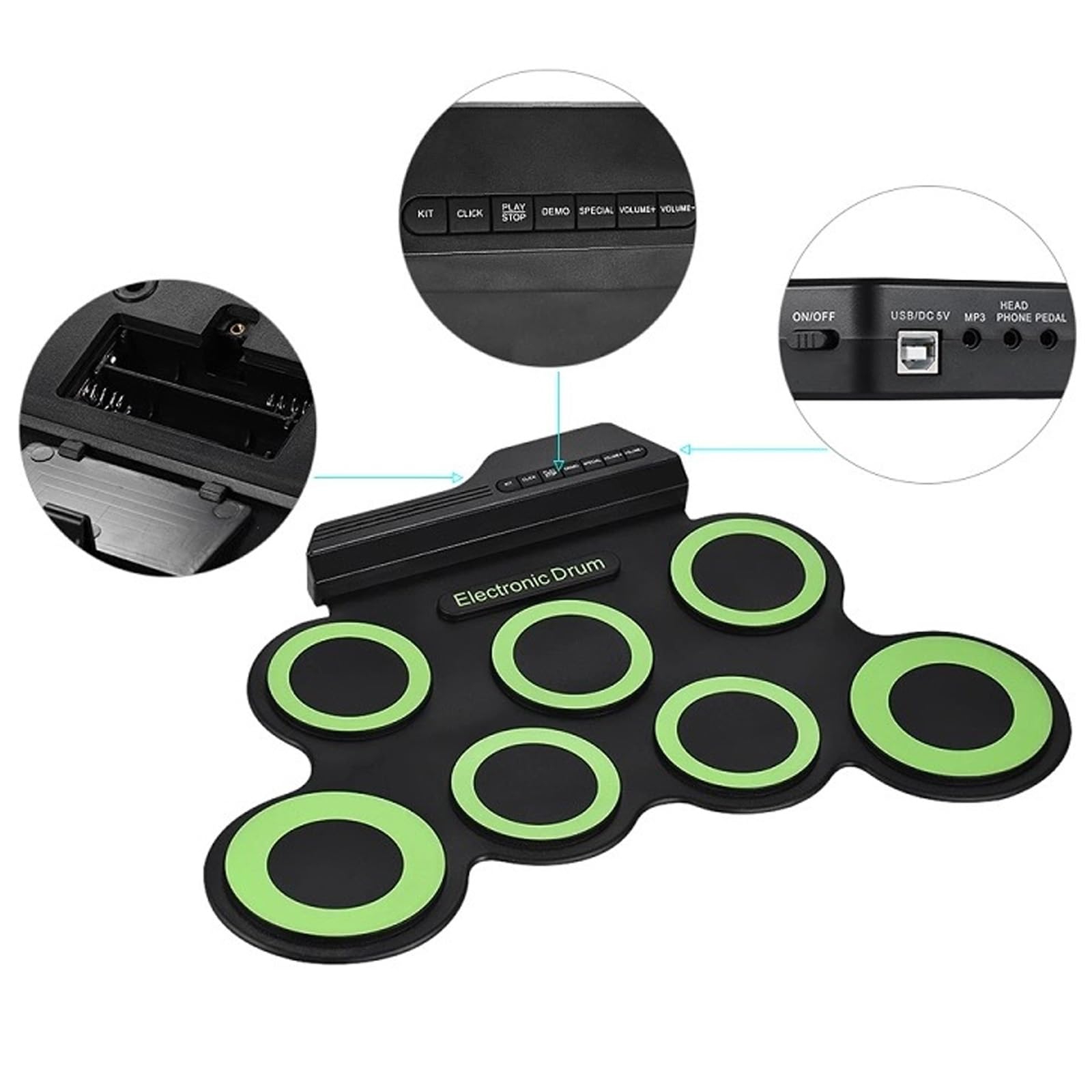 Juego de batería electrónica de 7 almohadillas enrollables para práctica, altavoces integrados, auriculares USB, para niños y adultos principiantes