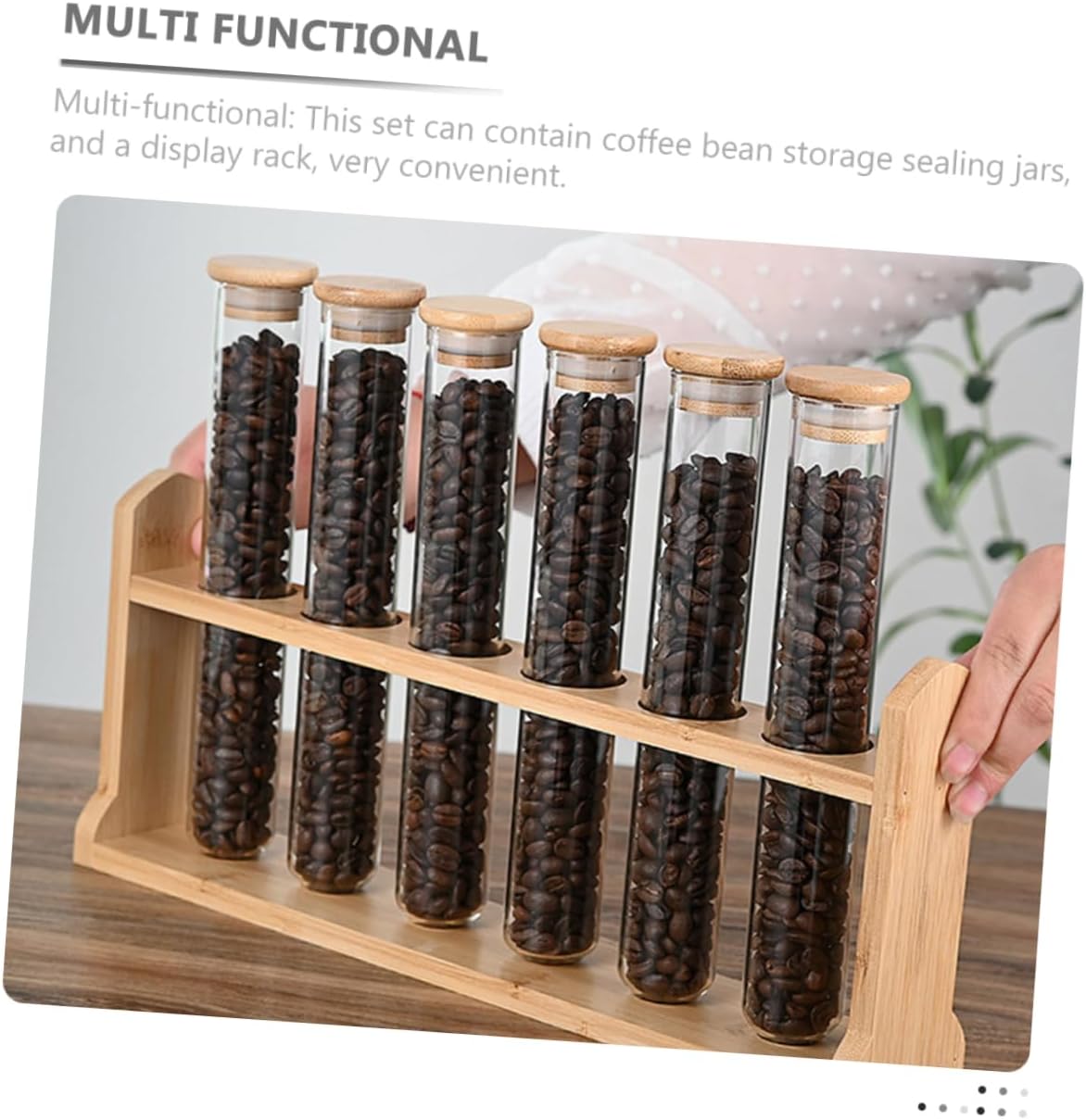 Ciieeo Glass Bean Storage Tube Airtight Container Wooden Stand Coffee Bean Dispenser