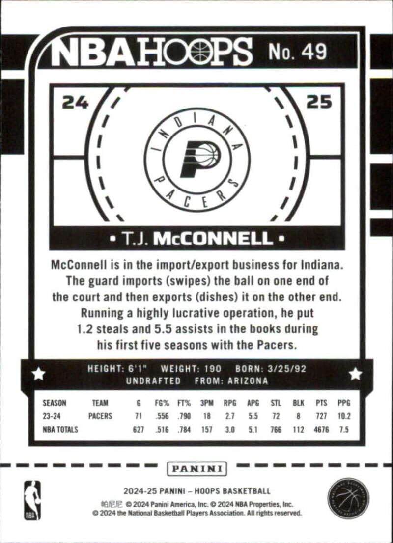 2024-25 NBA Hoops #49 T.J. McConnell Indiana Pacers Official Panini Basketball Trading Card
