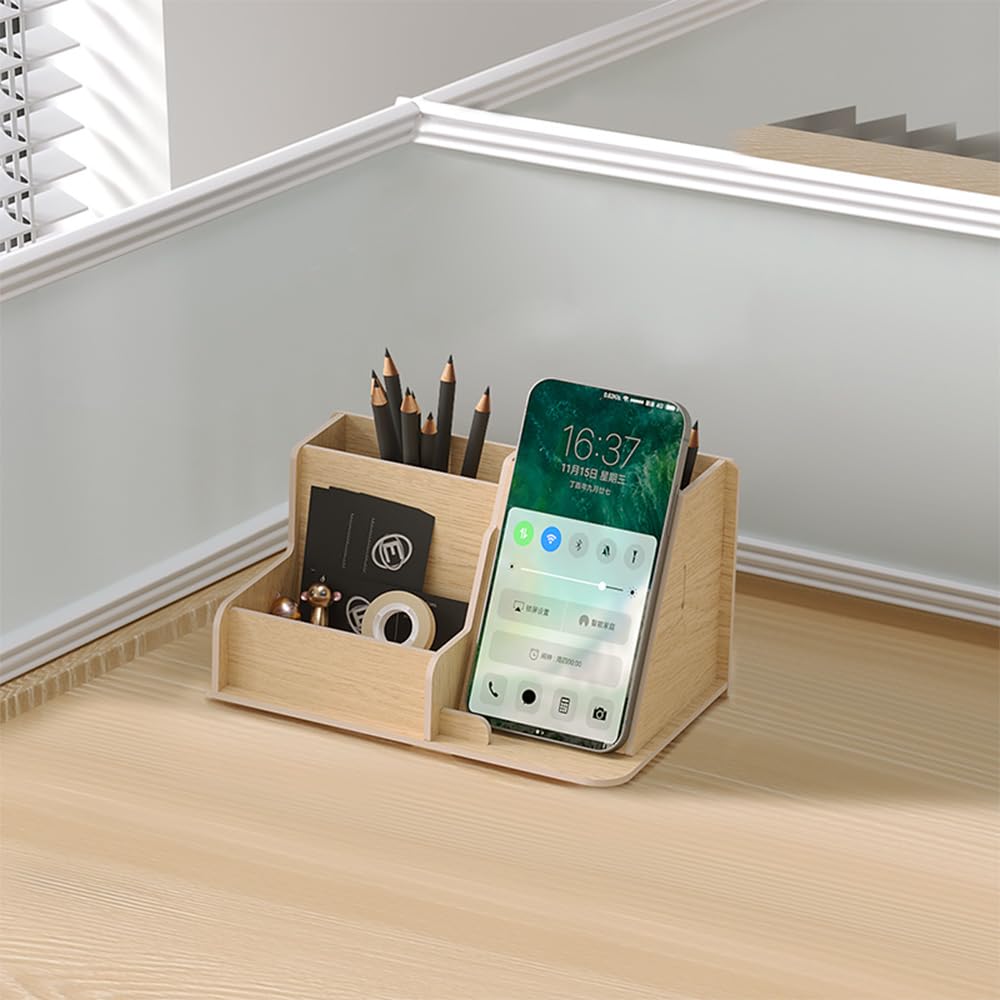 NUODWELL Ensemble de rangement de bureau en bois – Bac à courrier A4 3 niveaux, porte-documents, porte-stylos, organiseur de bureau (chêne)