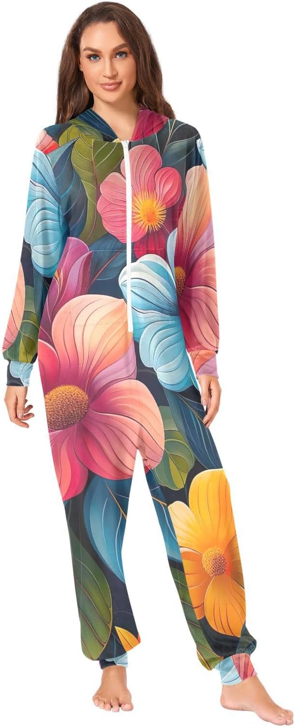 GAIREG Colorful Flower Adult Womens Pajama Onesie, Funny Men's Women's House Wear