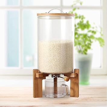 Xuthusman Capacity Airtight Glass Dry Food Storage Container Cereal Rice Dispenser w/Round Bamboo Lids & Cup & Stand 7.5L