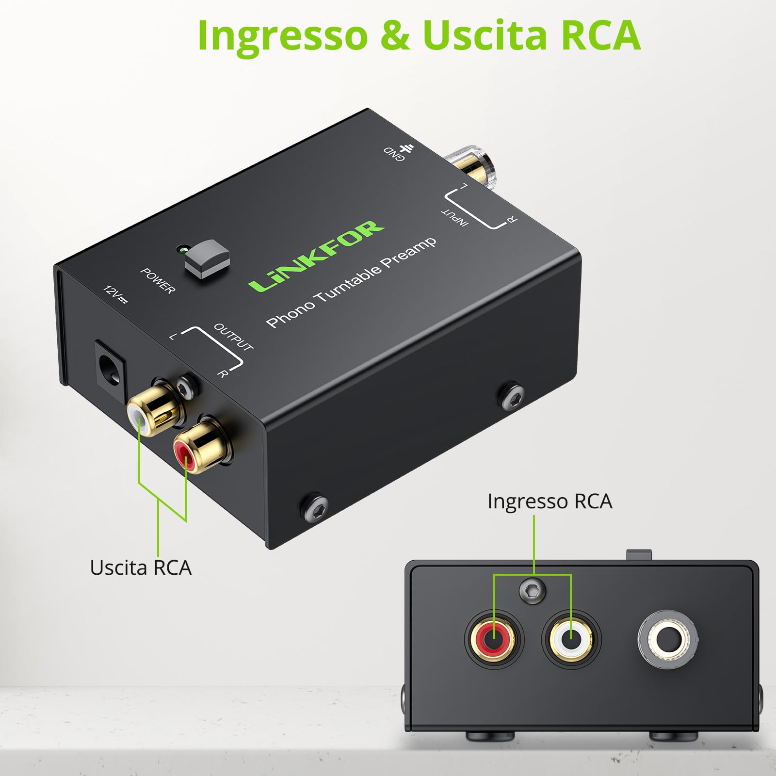 LiNKFOR PP900 Preamplificatore Fono Giradischi RCA Ingresso Uscita 12V 1A Mini Audio Stereo Metallo Basso Rumore