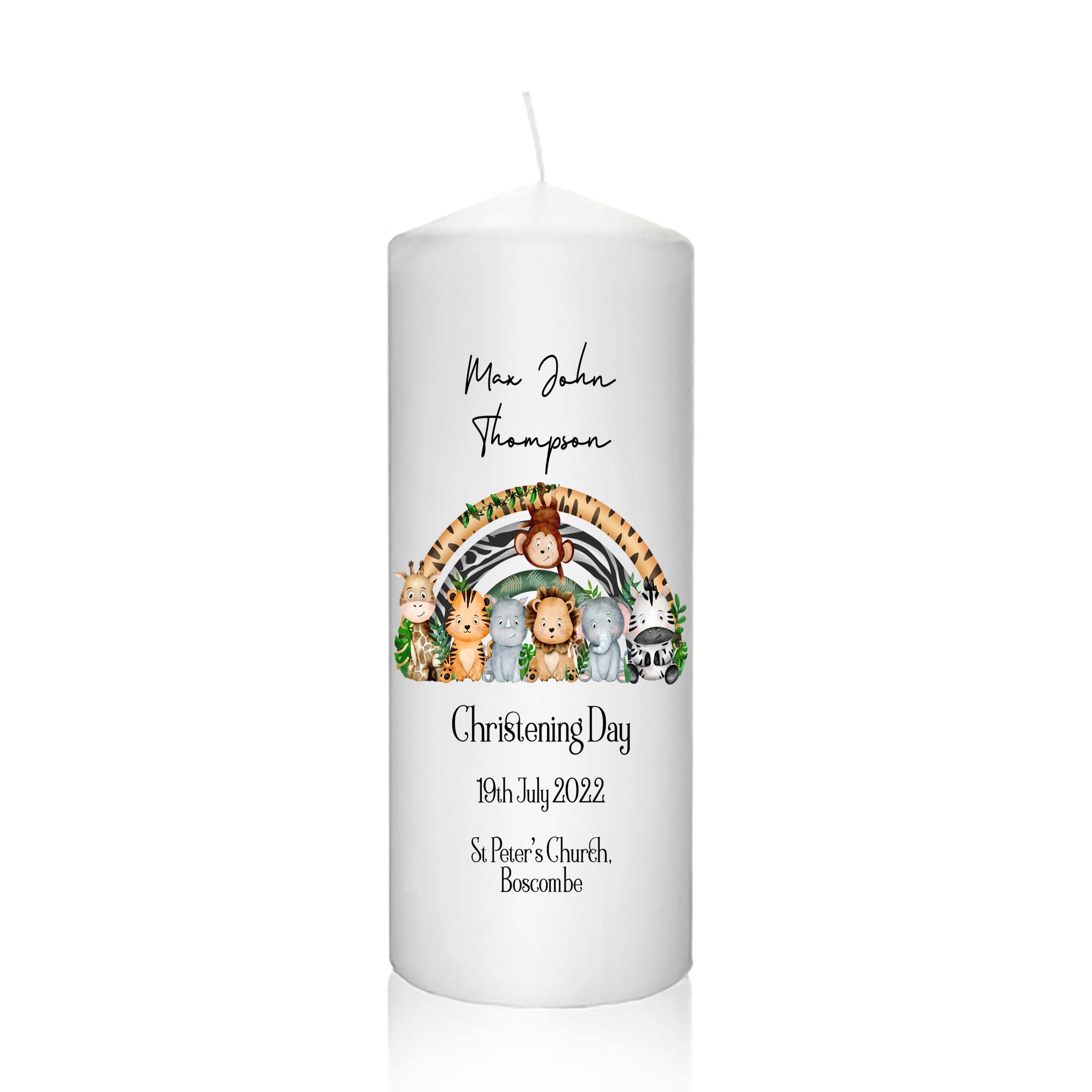 Personalised Christening Baptism Candle Naming Day Memory Keepsake Gift Unisex Boy Girl, Botanical, New baby Gift, Godparents, Present Safari Jungle