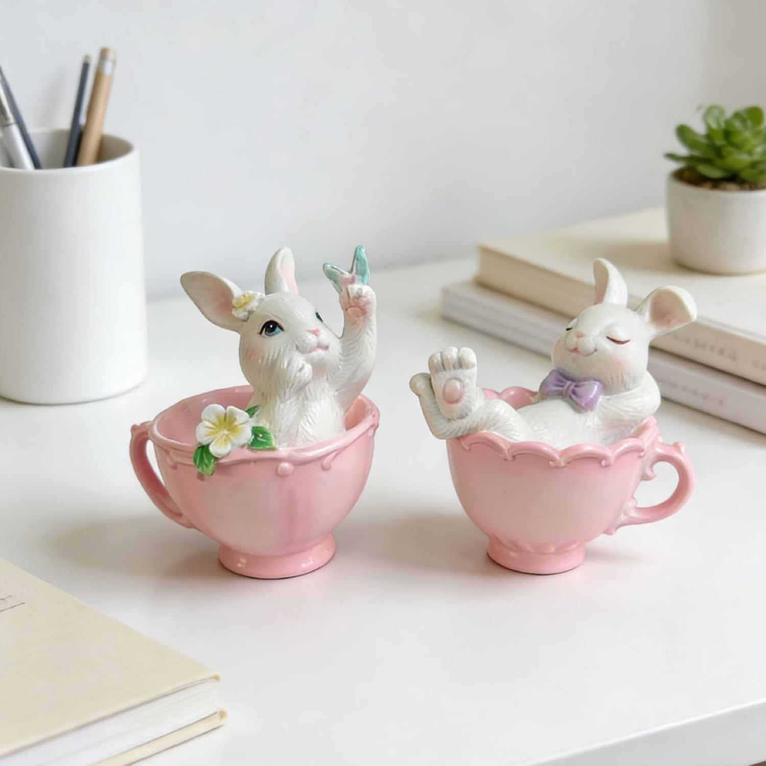 Cynkeyee Easter Decorations Bunny Figurine - 2 Pcs Cute Bunny in Pink Teacup Bunny for Table Decor Office Gift for Woman Easters Decorations for The Home 3.3x2.5x3.5IN - Image 5