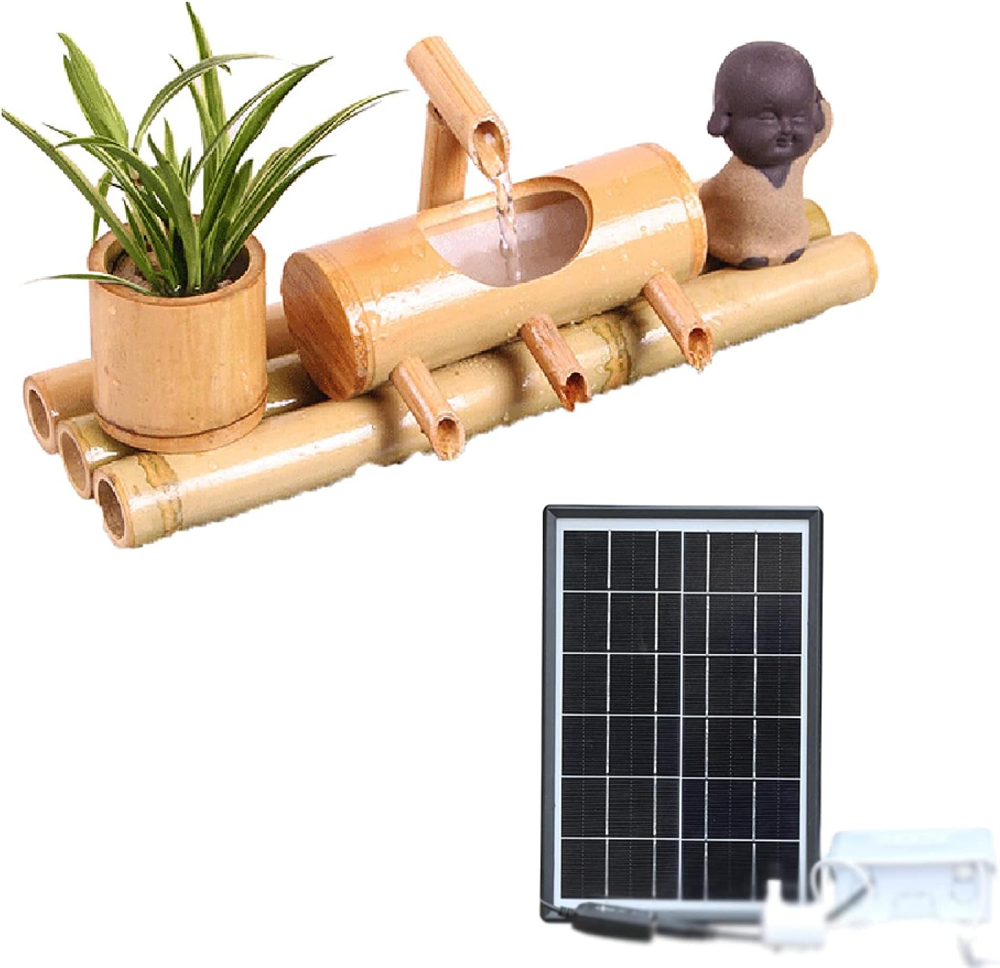 Solar Water Features for The Garden Bird Bath Bamboo Fountain Lucky Flowing Water Tank Living Room Interior Circulation Decoration Bamboo Row Fountain Waterscape Decoration,Yellow,40Cm/15.7In