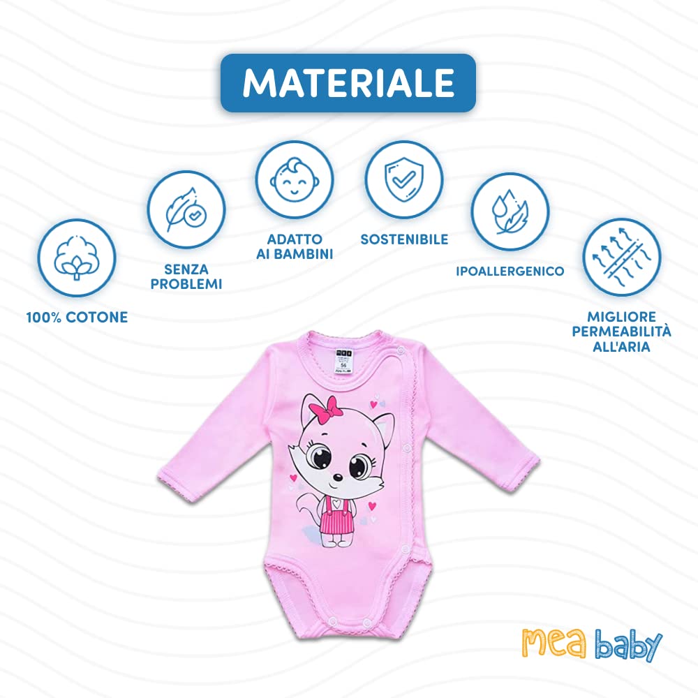 MEA BABY Body per neonati a manica lunga con stampa | 100% cotone | Body per bambine e bambini | Vari colori e stampe divertenti | Multipack da 5 pezzi