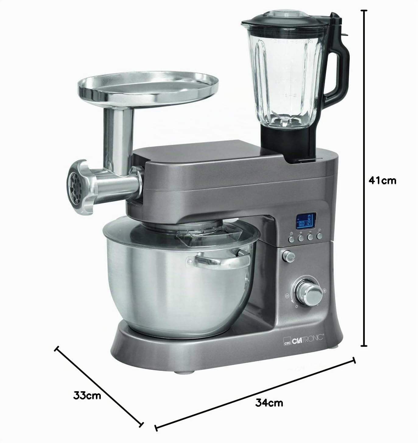 Clatronic KM 3674 Robot de Cocina Multifunción, Batidora Amasadora, 1200 W, 6.2 Litros, Acero Inoxidable, Titanio
