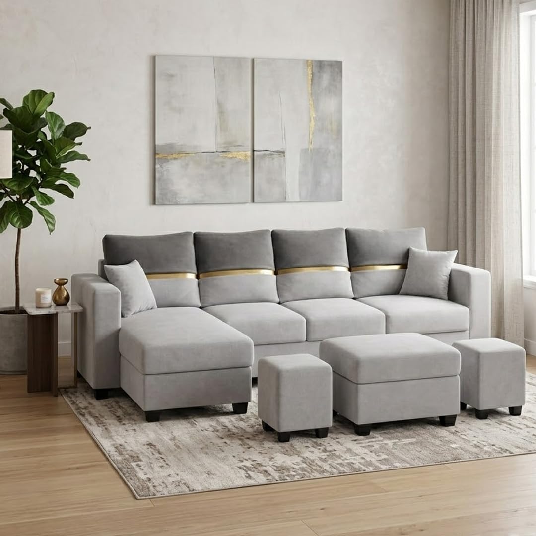 FURNY Irnoy 8 Seater Fabric LHS Sofa Set L Shape Velvet Fabric (Light Grey - Dark Grey) | Modern Design | Living Room Furniture | Modern Stylish Sofa for Home-image-14