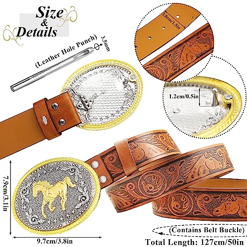 Cowboy Belt For Men Running Horse Western Buckle Belts Horsehead Engraved Brown Leather Belt, 1-1/2 Inch Wide2