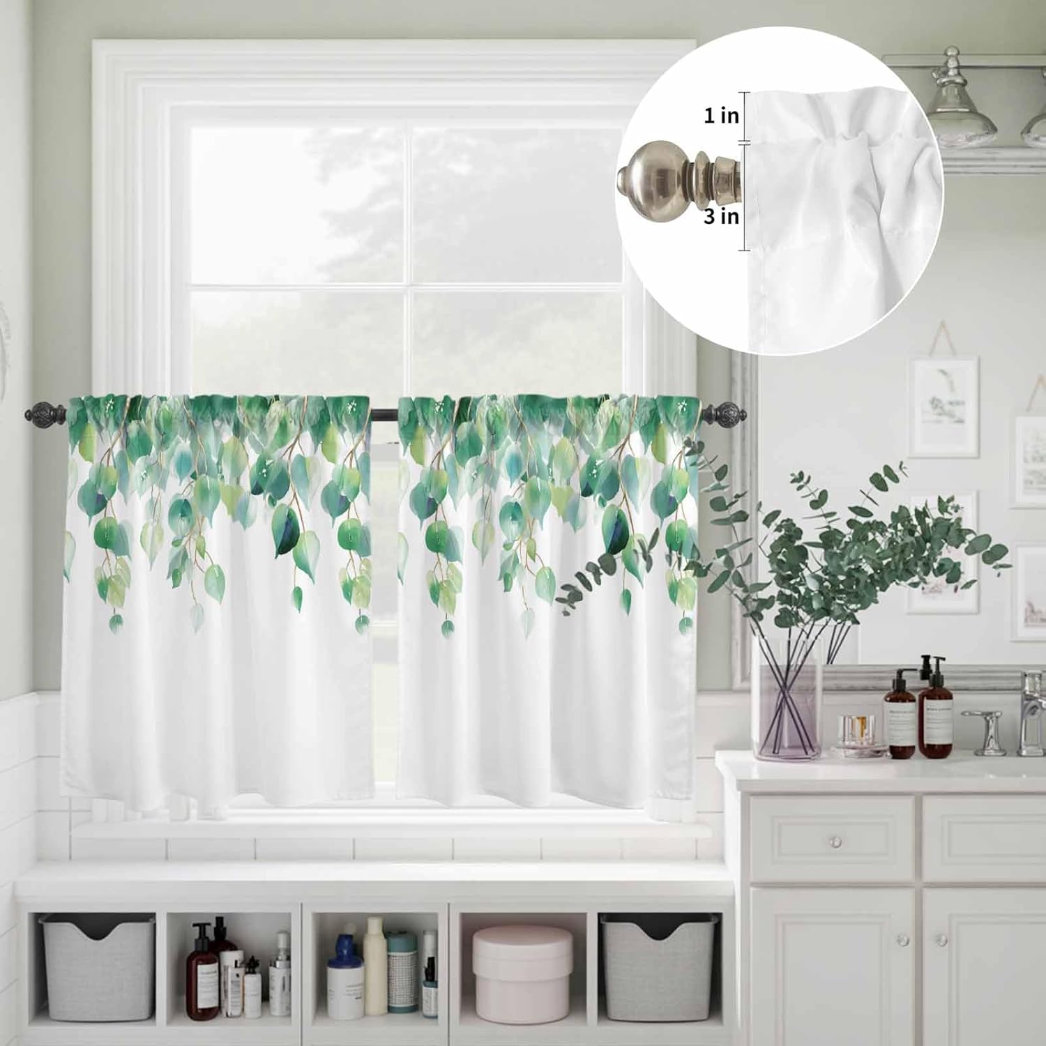 Kitchen Cafe Window Tier Curtains and Valance 3 Pieces Set Country Spring Green Leaves Rod Pocket Window Valances Panel Privacy Short Drapes Window Treatment for Bedroom Watercolor Plant on White