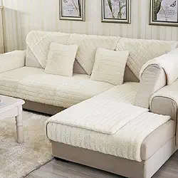 vctops Capa de sofá macia e quente de pele sintética, capas de sofá de pelúcia com seções salsichas, capa de sofá antiderrapante para cães, gatos, animais de estimação, assento reclinável de couro em forma de L, capa para encosto de braço (creme, 71 x 178 cm)