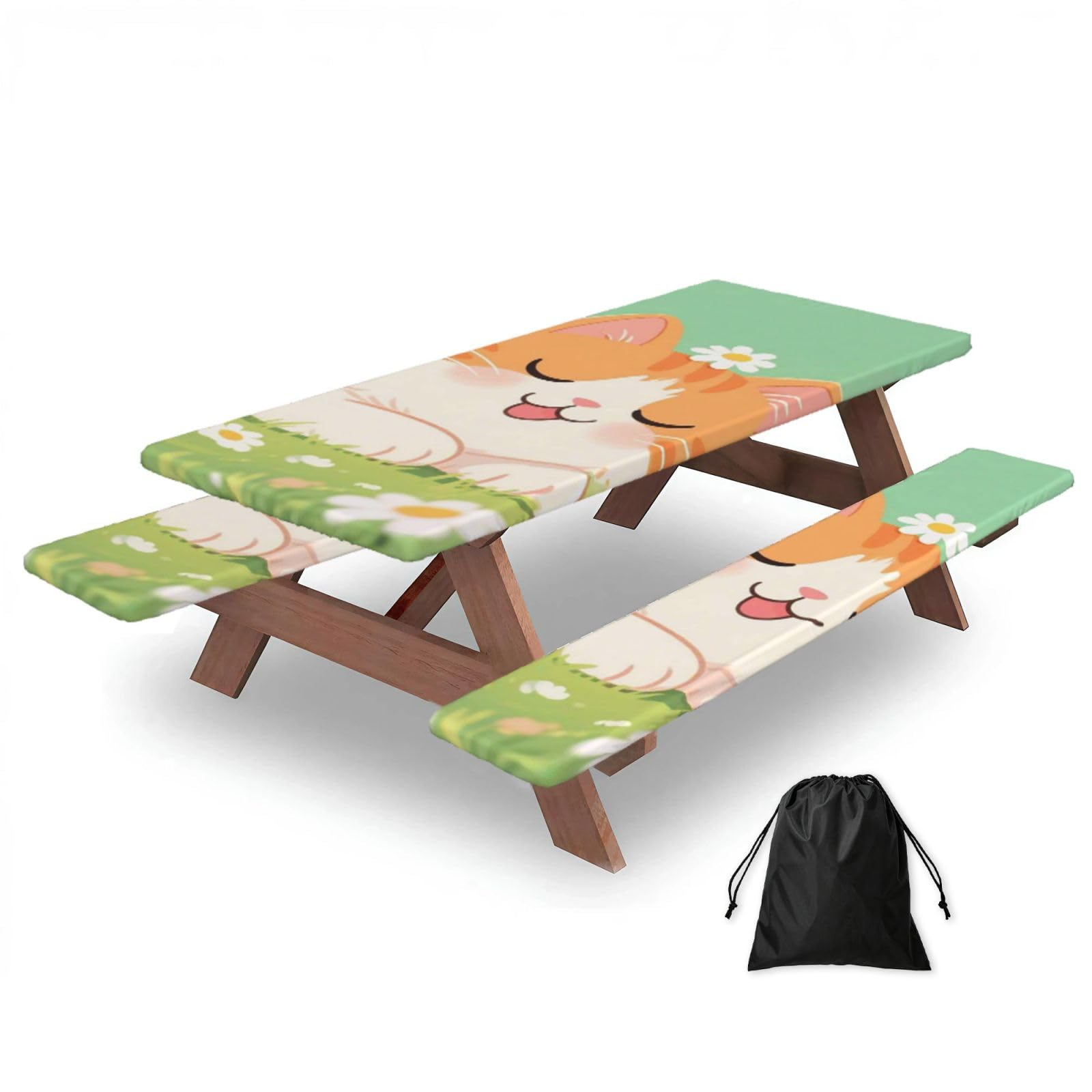 FekiLoot Cute Daisy Cat Picnic Table Cover with Bench Covers and Bag, Windproof Waterproof Rectangle Tablecloth with Elastic Edges Fitted Camping Table Covers Portable Camping Accessories