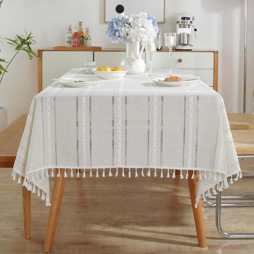 Nappe rectangulaire à rayures meioro 140x305 cm pour table de cuisine de 10 à 12 places blanc