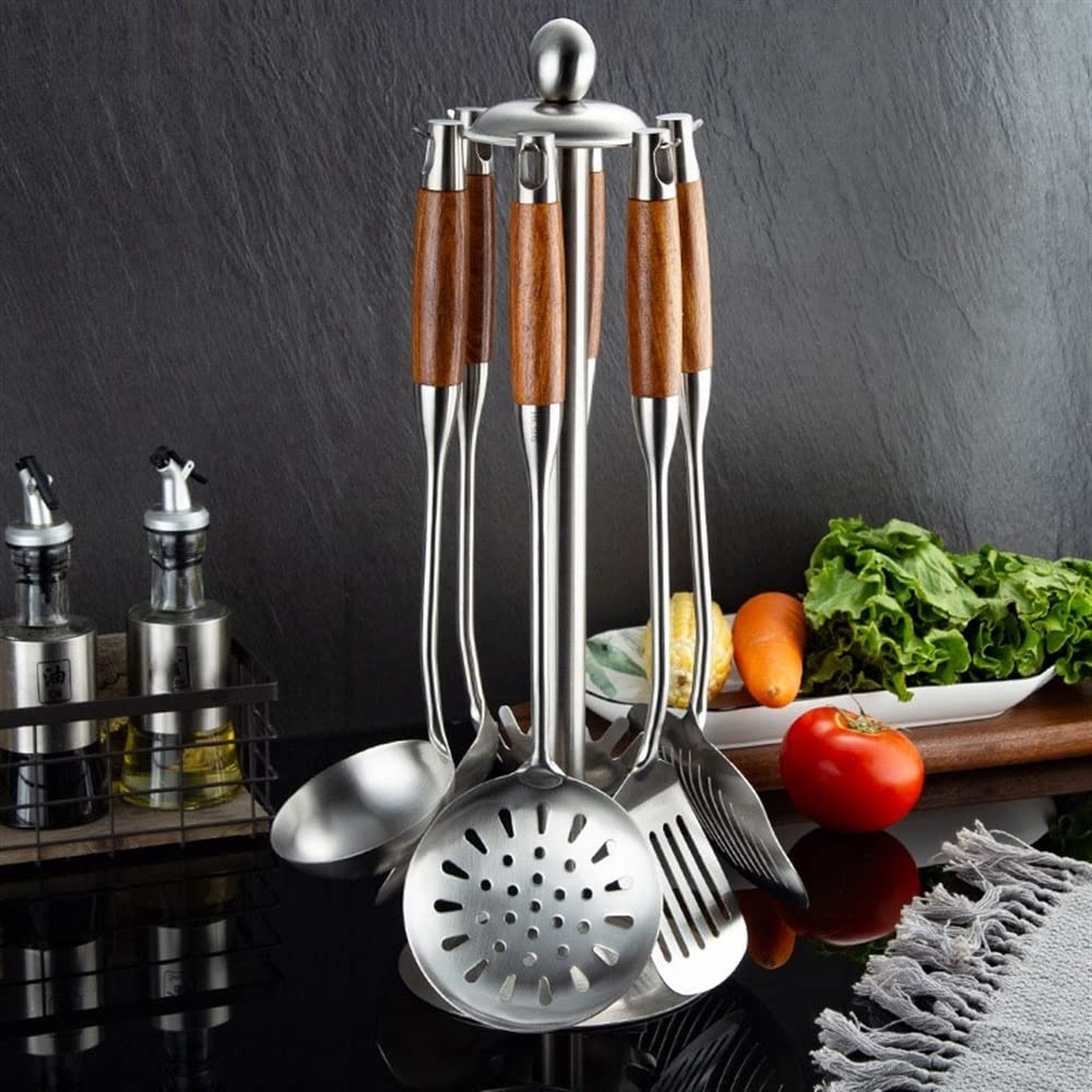 Set di Utensili da Cucina in Acciaio Inox 304 con Supporto, 6 Pezzi di Utensili da Cucina con Manico in Legno, Set di Utensili da Cucina antiaderenti, Utensili da cu