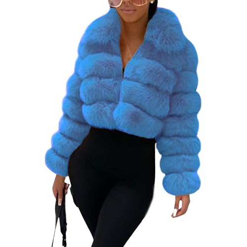 loveimgs Women Fluffy Faux Fur Coat Cropped Jacket Puffer Jacket Zip Up Winter Warm Fuzzy Teddy Jacket
