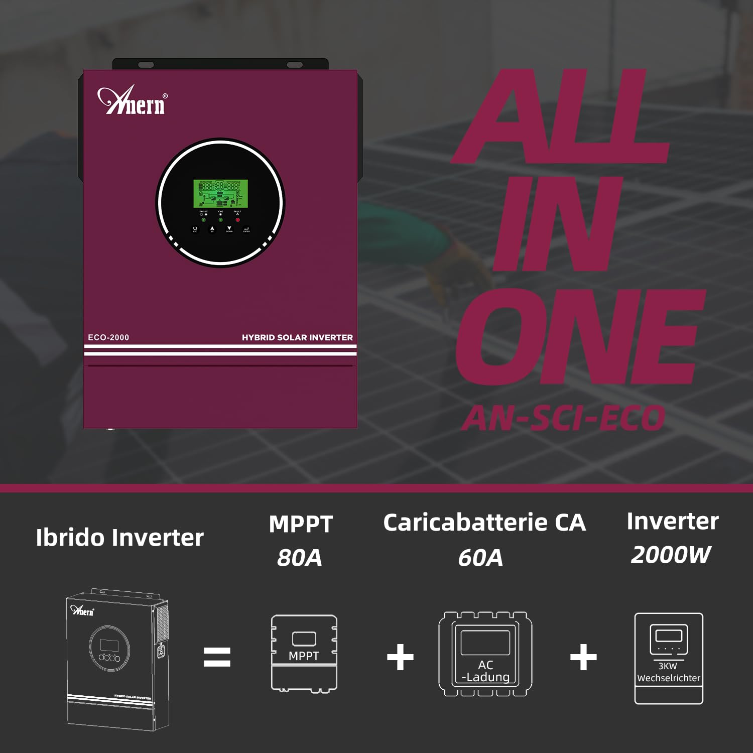 Anern Inverter ibrido da 2000W 12V DC a 220 V/230 V AC con regolatore solare 80A, ingresso PV max.400V, Inverter Fotovoltaico funzionamento con batterie al piombo da 12 V e al litio